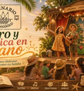 Teatro y música en verano con niños actuando y familias disfrutando de un espectáculo de Escenario Pedagógico. Teatro y música en verano con niños actuando y familias disfrutando de un espectáculo de Escenario Pedagógico.