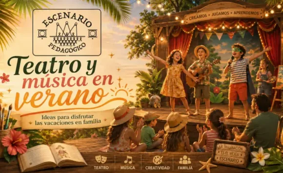 Teatro y música en verano con niños actuando y familias disfrutando de un espectáculo de Escenario Pedagógico.